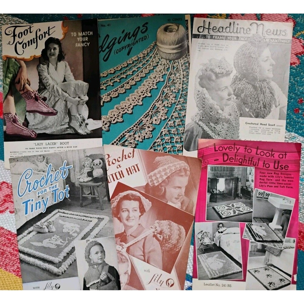 Vintage Crochet Knitting Patterns Lot Lily Mills American Thread Edgings 1940s